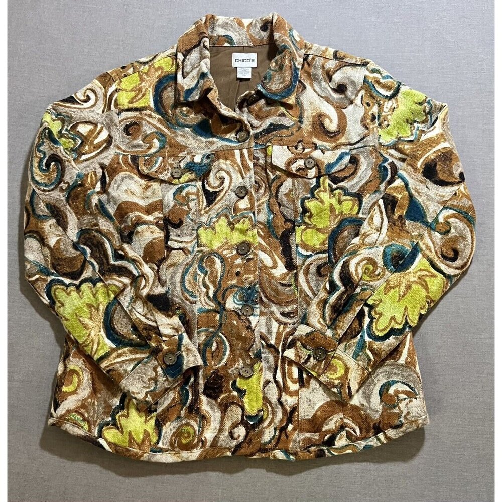 Vintage 90s Chicos Blazer Jacket Womens Size 1 Brown Floral Button Lined Ladies.